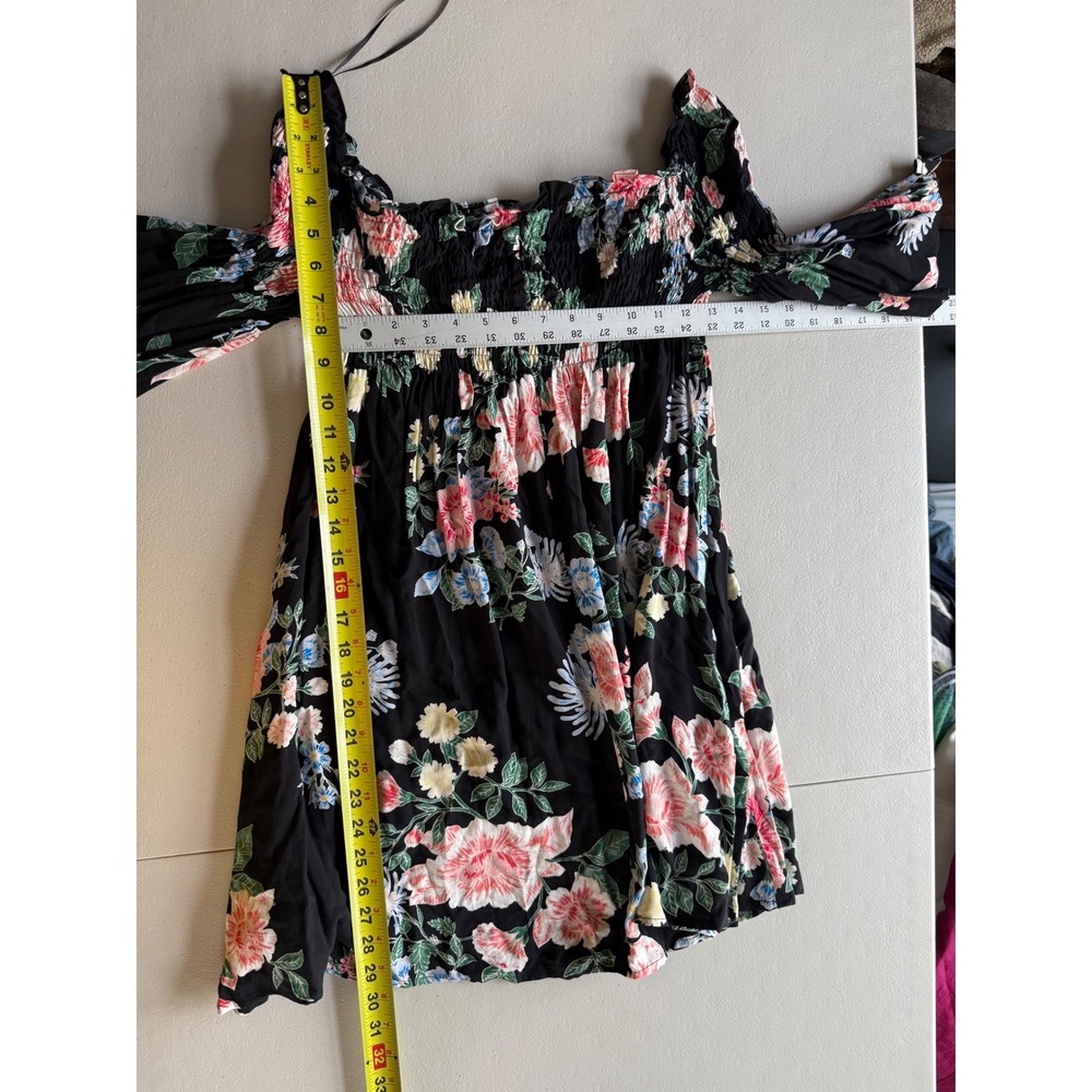 Favlu Black Floral Smocked Off Shoulder Bell Sleeve Boho Mini Dress M - Picture 3 of 7